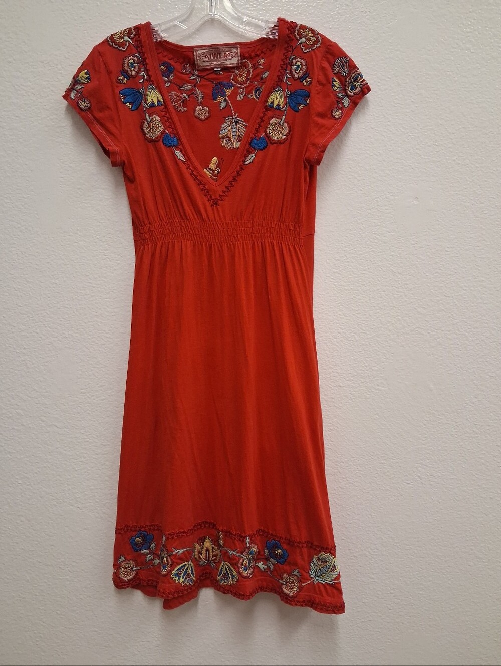 Johnny Was JWLA Embroidered Short Sleeve Dress Red Stretch Size Small